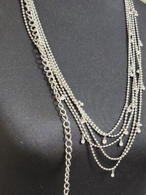 Multi-Layer Silver Ball Chain Rhinestone Dangle Necklace